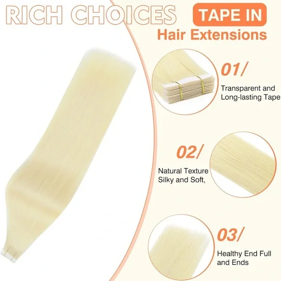 20pcs 50g 16 Inch Platinum Blonde Remy Human Hair,Straight Seamless Tape Ins - Picture 4 of 5
